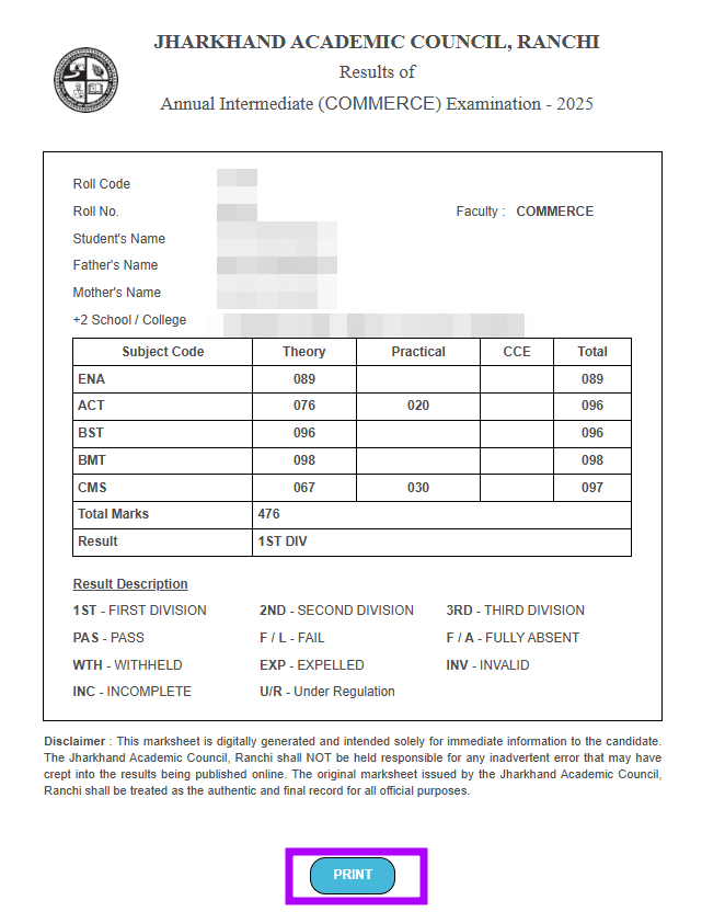 Result Page and Print button