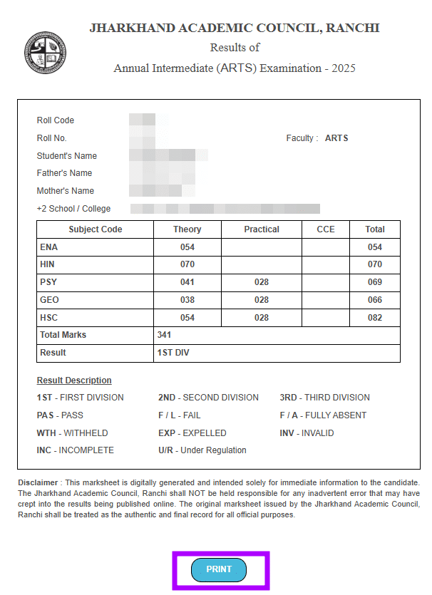 Result Page and Print for 12th arts 2025