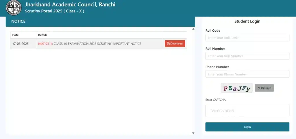 JAC 10th Scrutiny Login Page 2025