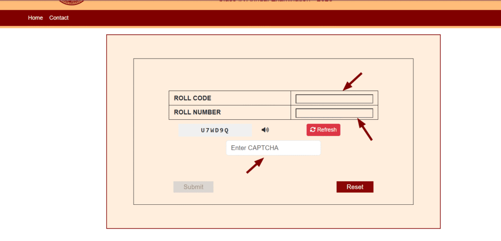 Result Page: Enter you roll code, Roll Number and Captcha Correctly