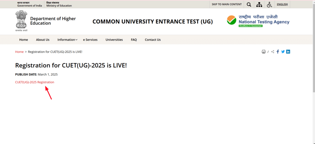 Registration Link Page: CUET(UG)-2025 Registration