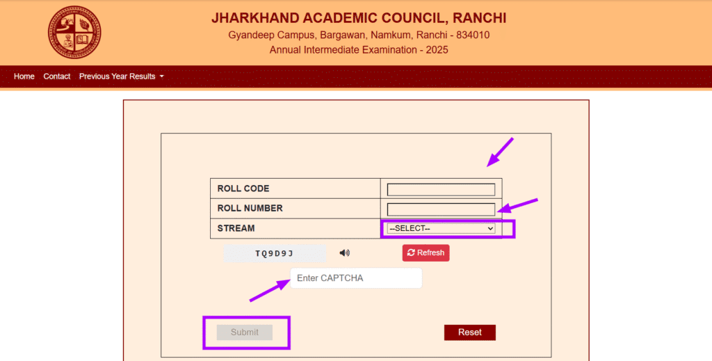 Enter Roll Code, Roll number, Choose Stream
