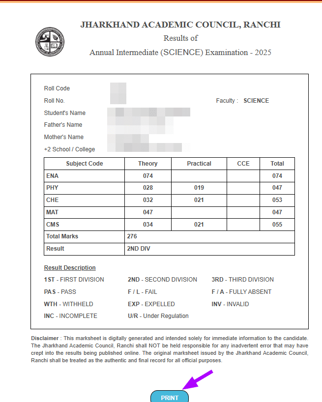 Result and Print Page